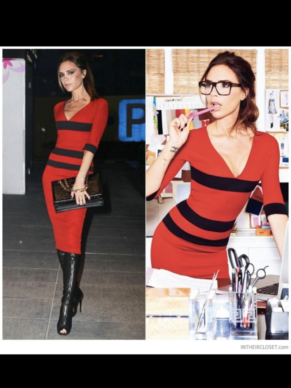 Victoria Beckham Red and Black Striped Midi Bodycon Dress Zip Back HOT